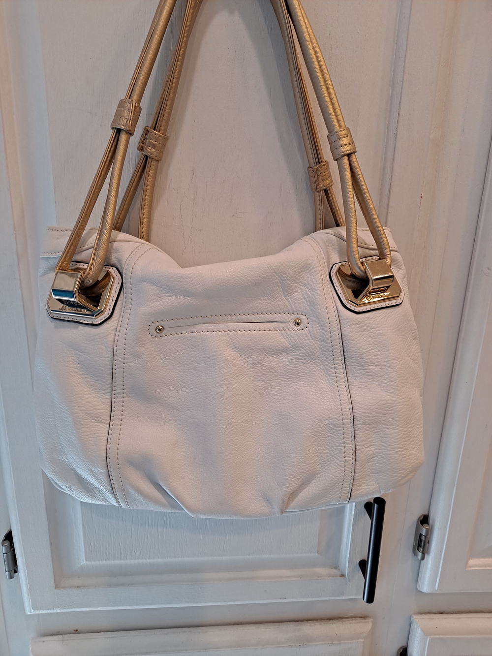 B. Makowsky Y2k White Pebbled Leather Hobo Slouchy Bag Boho Chic Gold Handles - Picture 6 of 15